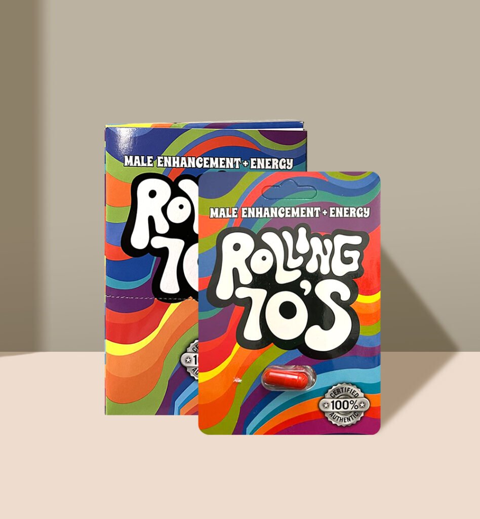 Rolling 70's packaging with colorful psychedelic swirls and text