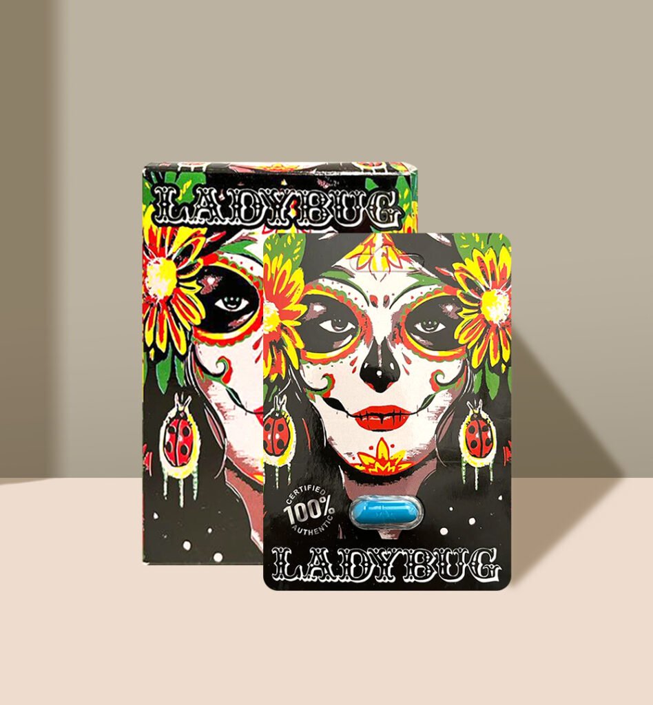 Ladybug-themed packaging with vibrant Day of the Dead art