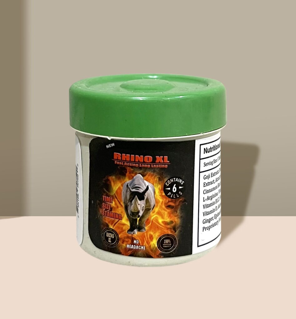 Rhino XL pill bottle with green cap and fiery rhino graphic