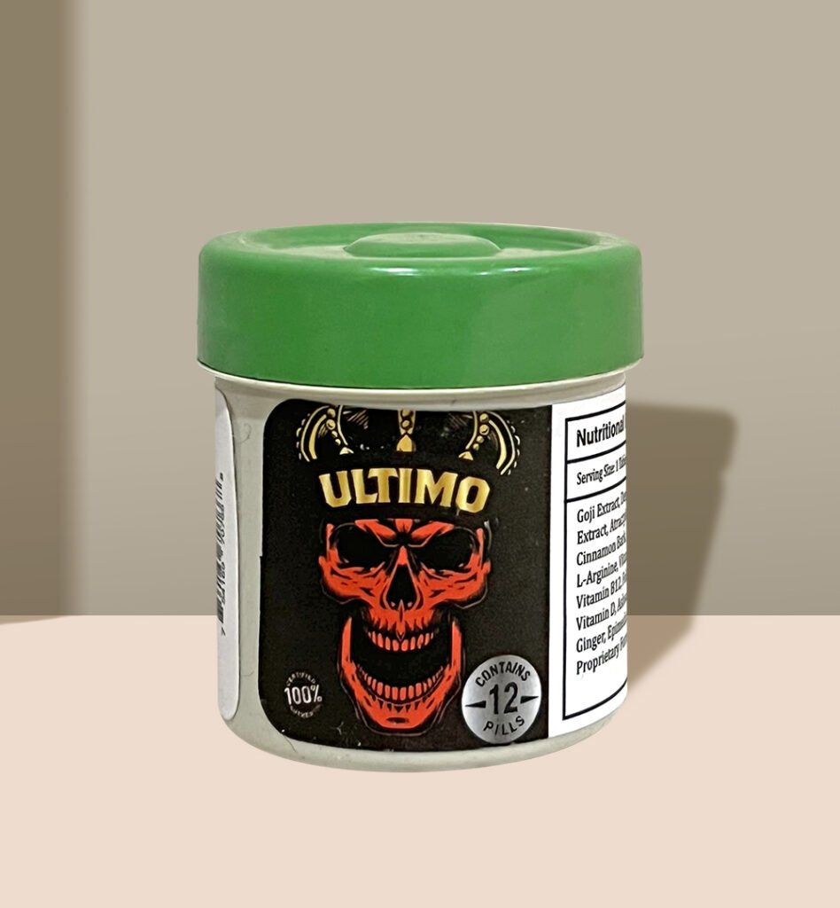 Green-capped Ultimo pill bottle with skull graphic and nutrition label.