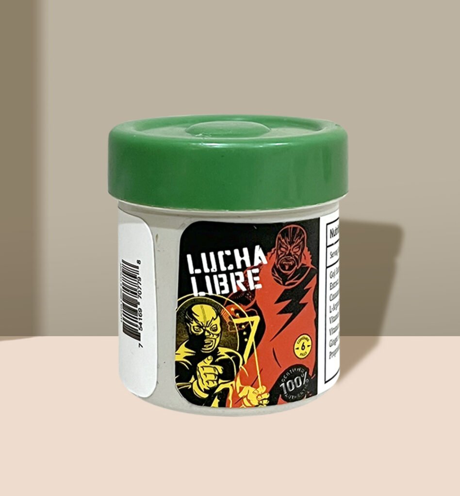 Lucha Libre-themed pill bottle with green cap and vibrant label