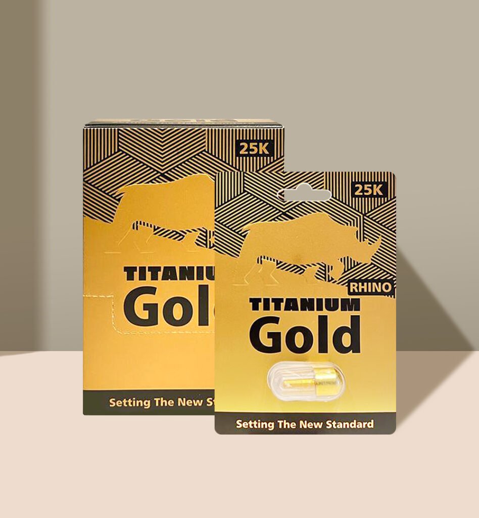 Titanium Gold packaging with rhino silhouette and '25K' text