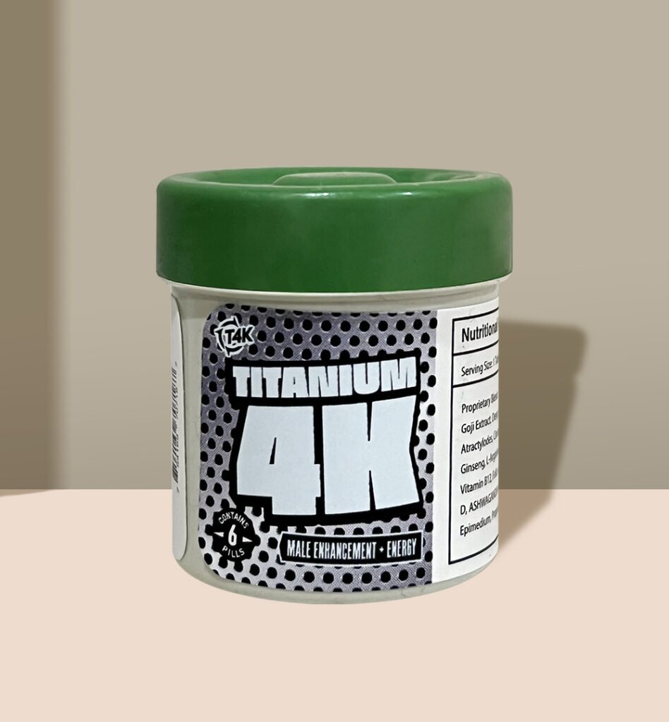 Green-capped Titanium 4K pill bottle with comic-style label